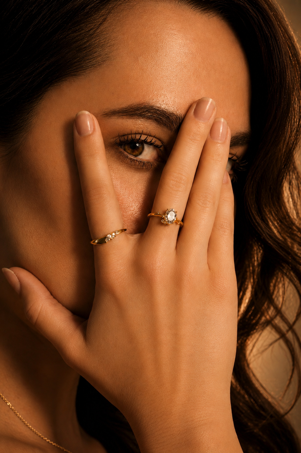 Hand wearing fine gold rings resting against the face